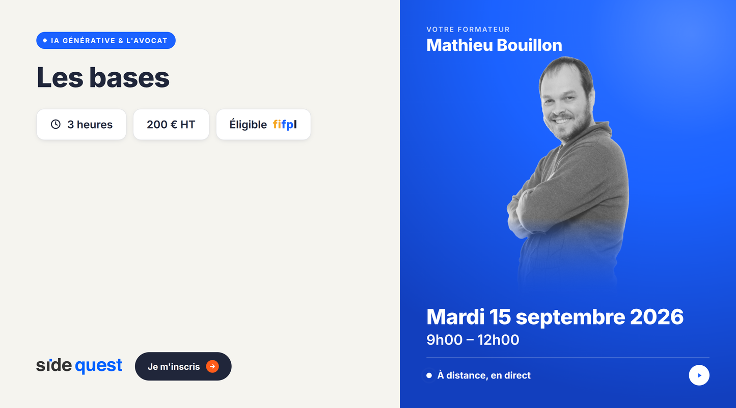L’intelligence Artificielle générative et l’avocat : Les bases - 15 septembre 2026 - 9h - 12h - 3 heures