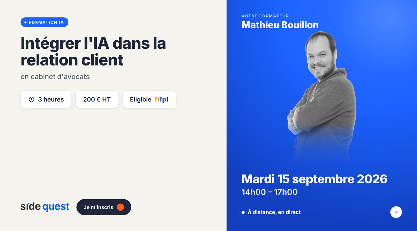 Intégrer l’IA dans la gestion de la relation client en cabinet d’avocats - 15 septembre 2026 - 14h - 17h  -  3 heures