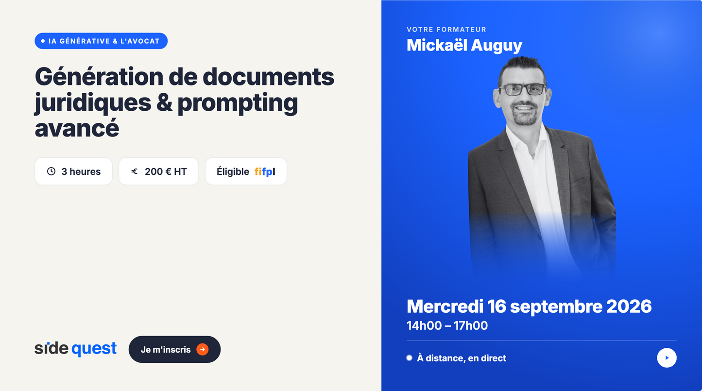 L’intelligence Artificielle générative et l’avocat : Génération de documents juridiques et prompting avancé - 16 septembre 2026 - 14h - 17h